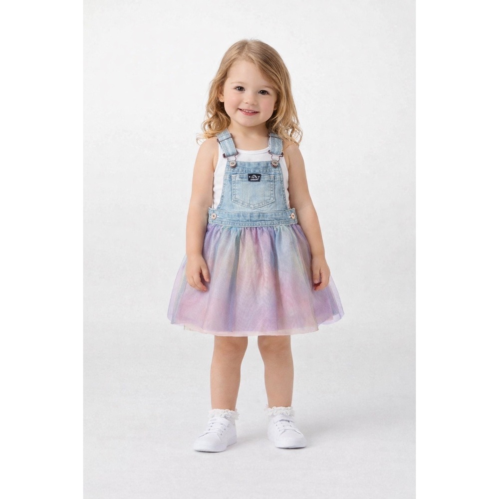 Jordache Girls Denim Overall Dress Size 3T Rainbow Tulle Skirt‎ Cute Outfit